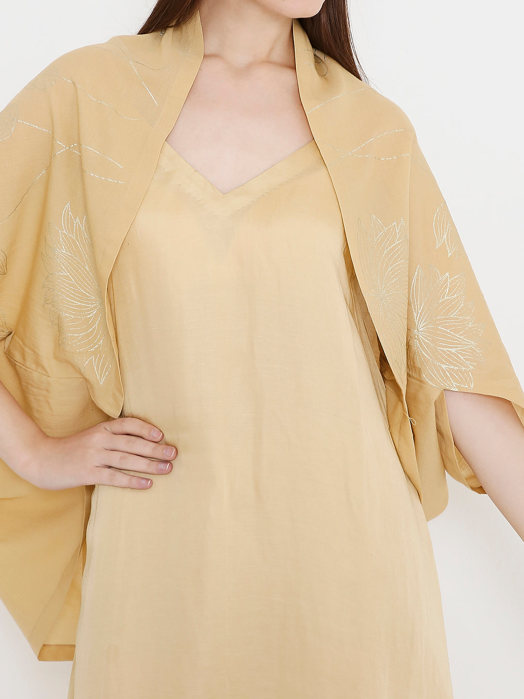 Gold zero waste shrug styled for women, elegant festive layering look Moon N Lotus