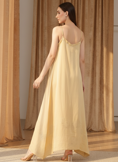 Back view of gold slip dress, lightweight breathable fabric Moon N Lotus