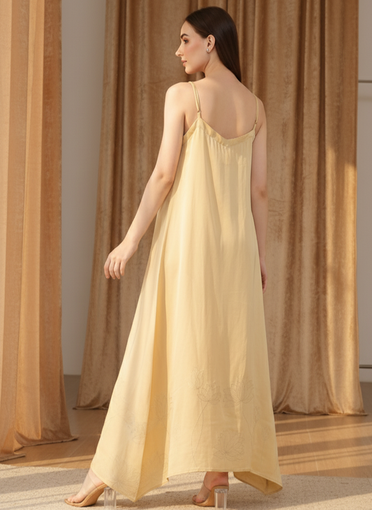Back view of gold slip dress, lightweight breathable fabric Moon N Lotus
