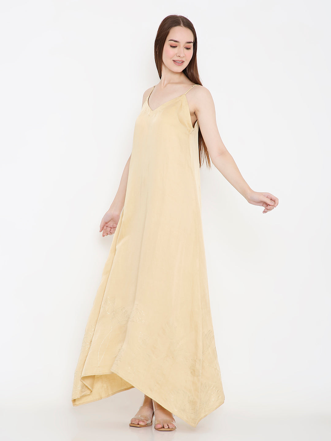 Gold slip dress styled for women, elegant festive and evening outfit Moon N Lotus