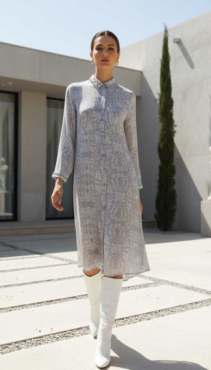 Back view of grey shirt dress, lightweight breathable everyday wear Moon N Lotus