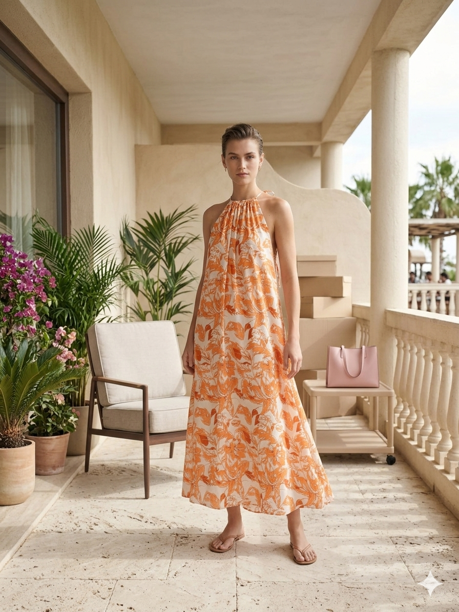 Close-up of orange and grey Hawaiian dress, lightweight tropical fabric Moon N Lotus