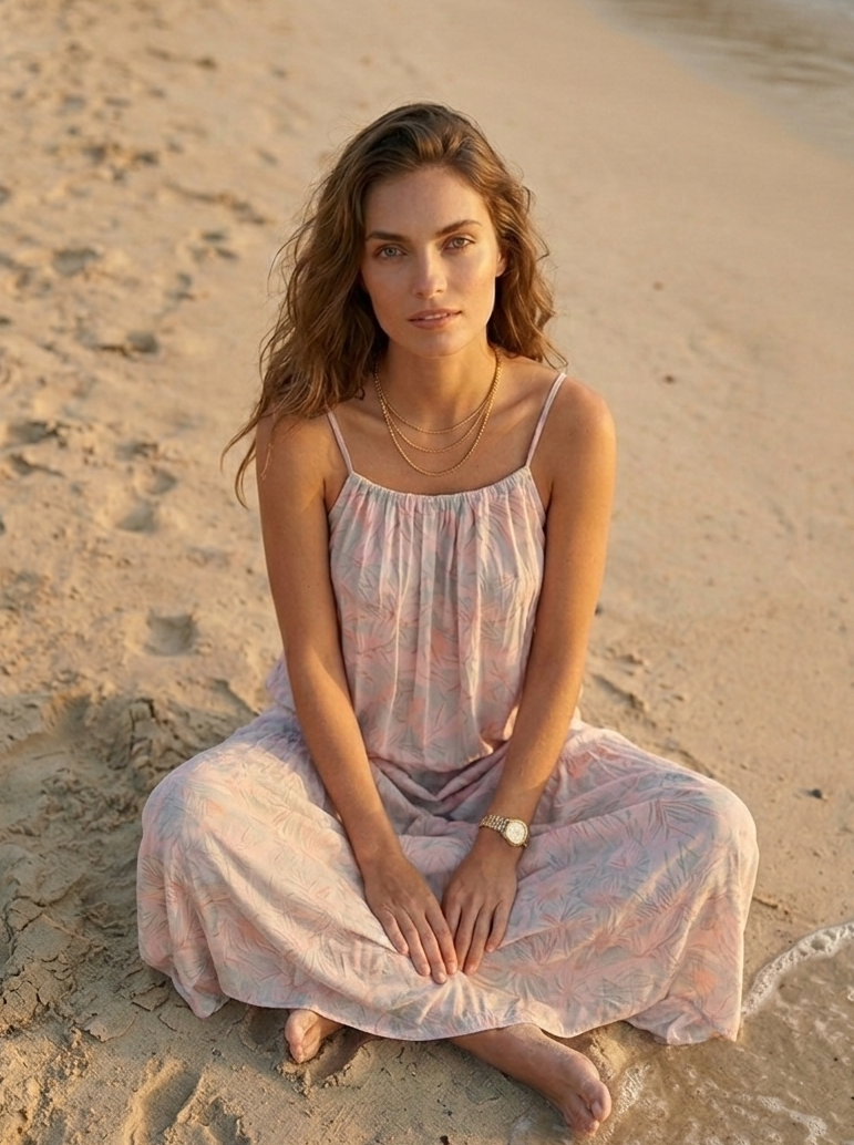 Long Hawaiian dress | Orange fabric | Pink n Grey