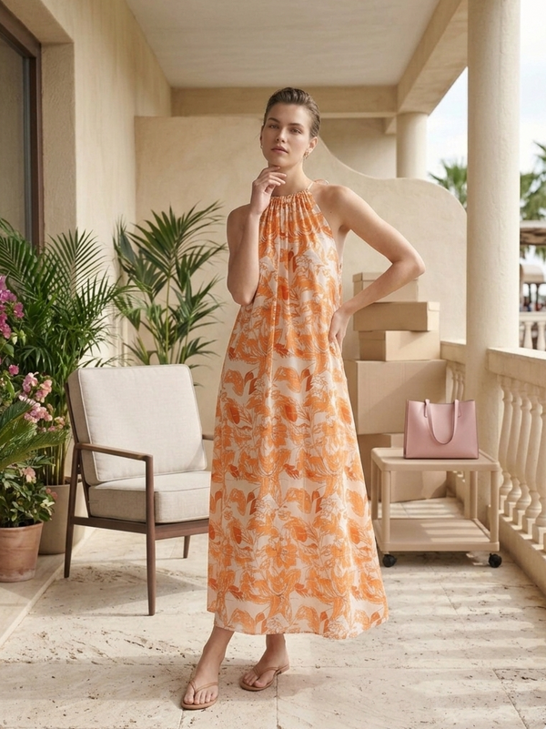Long Hawaiian dress | Orange fabric | Orange n Grey