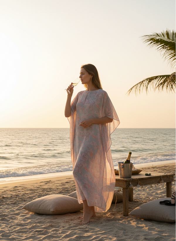 Hawaiian kaftan in orange fabric with pink and grey print by Moon N Lotus, flowy breathable resort wear