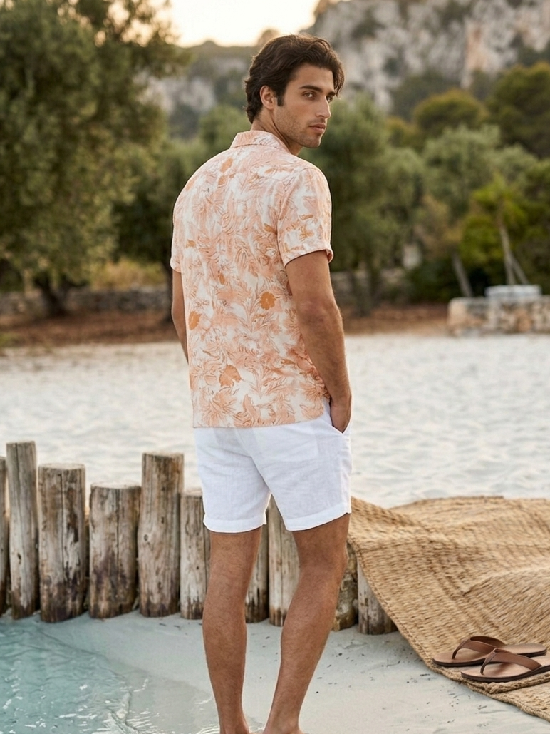 Back view of men’s Hawaiian shirt in orange and grey, relaxed fit and airy silhouette