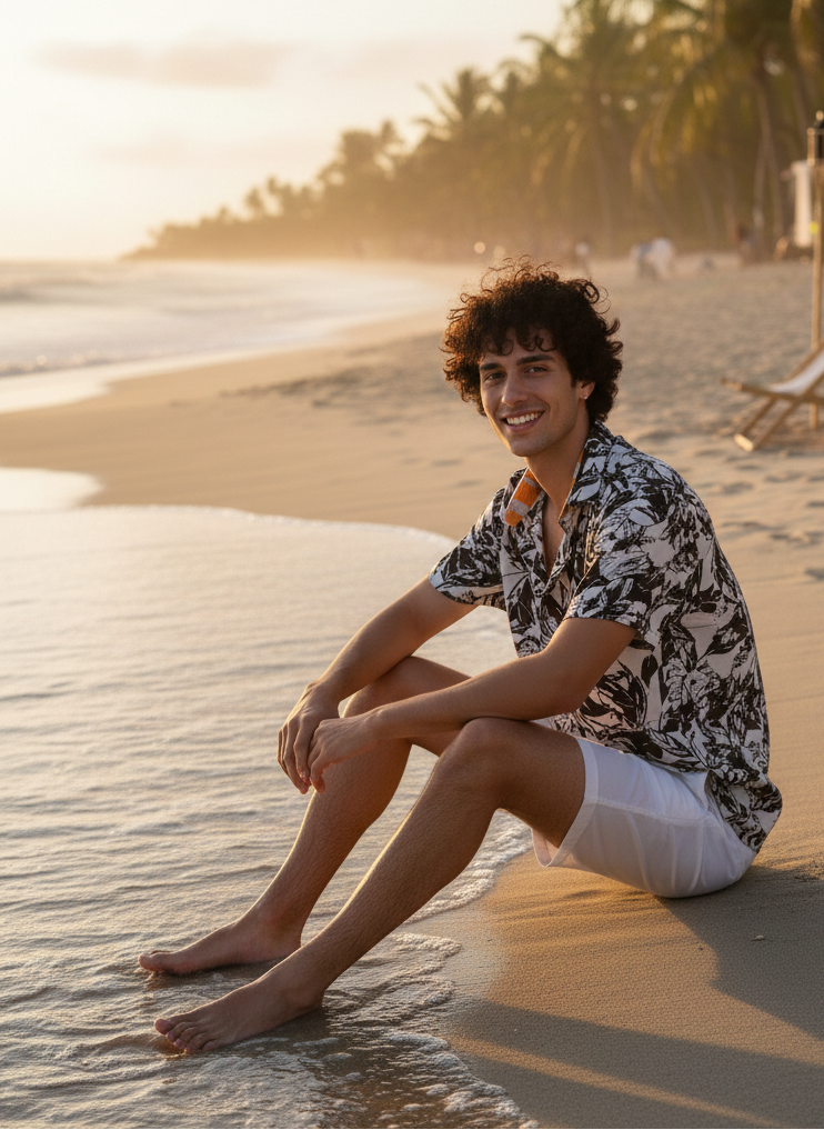 Back view of men’s Hawaiian shirt in black and grey, relaxed fit and airy silhouette