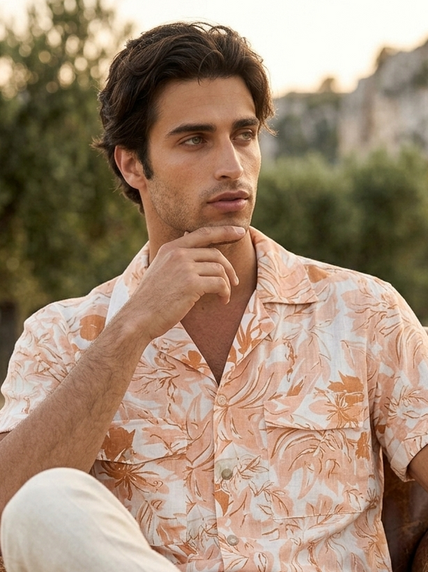 Close-up of orange grey print in men’s rose fabric Hawaiian shirt, relaxed tropical design