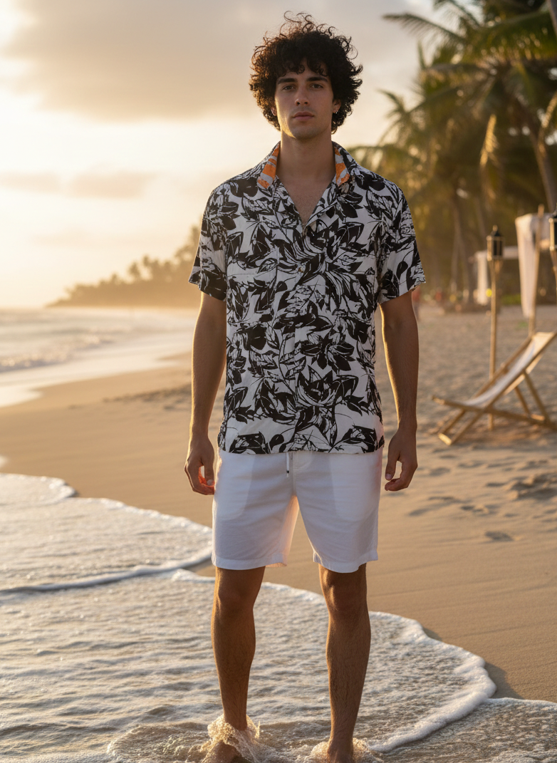 Men’s black grey Hawaiian shirt styled for beach and resort wear, casual summer look