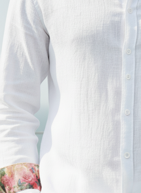 Close-up of 100% hemp fabric on white collared shirt, natural breathable material Moon N Lotus
