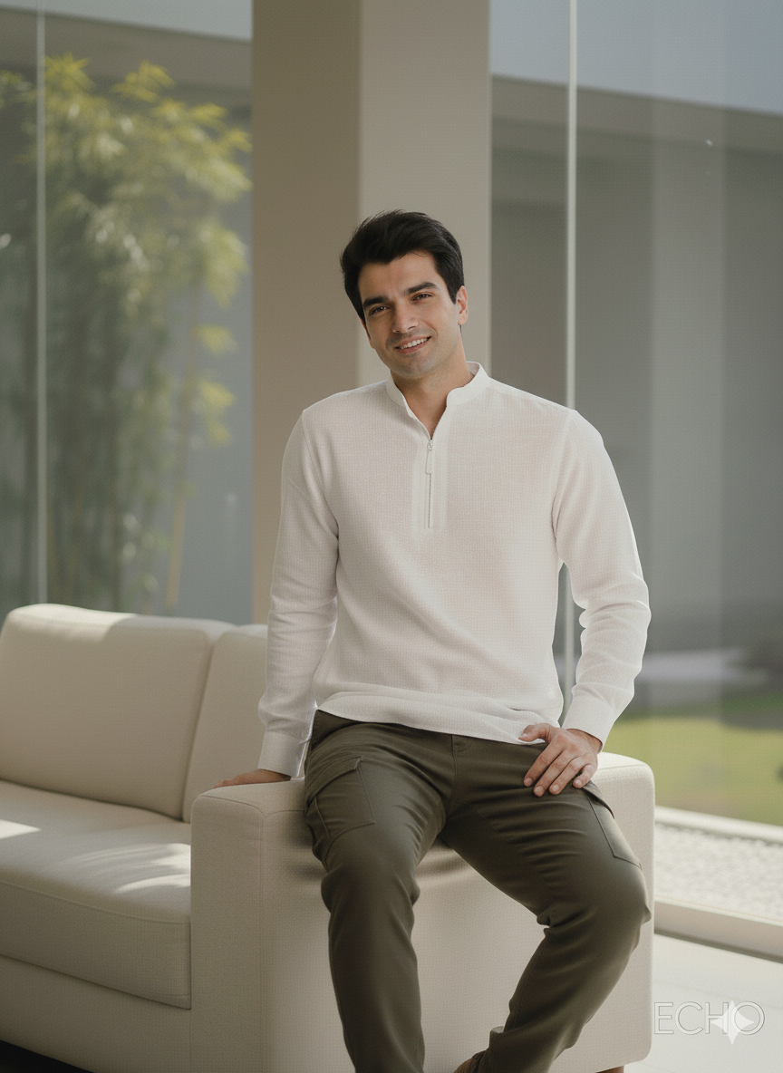 Detailed 100% hemp fabric on white kurta, breathable premium natural material Moon N Lotus