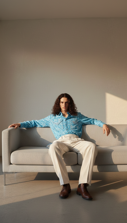 Natural hemp fabric texture on blue floral shirt for men, lightweight breathable feel Moon N Lotus