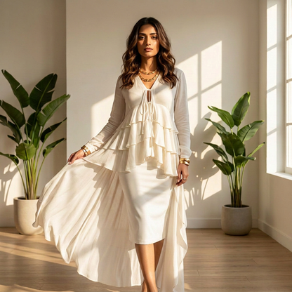 Front view of high low frill top for women, flattering asymmetrical silhouette Moon N Lotus