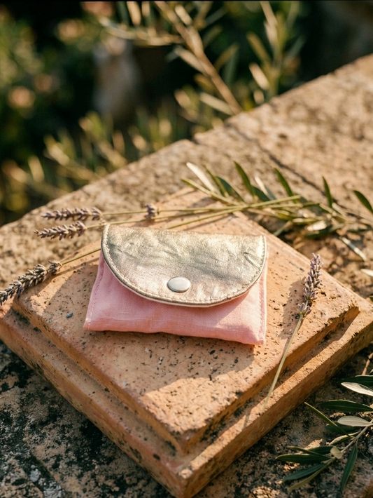 Close-up of fabric detail on small jewellery pouch, soft protective design Moon N Lotus