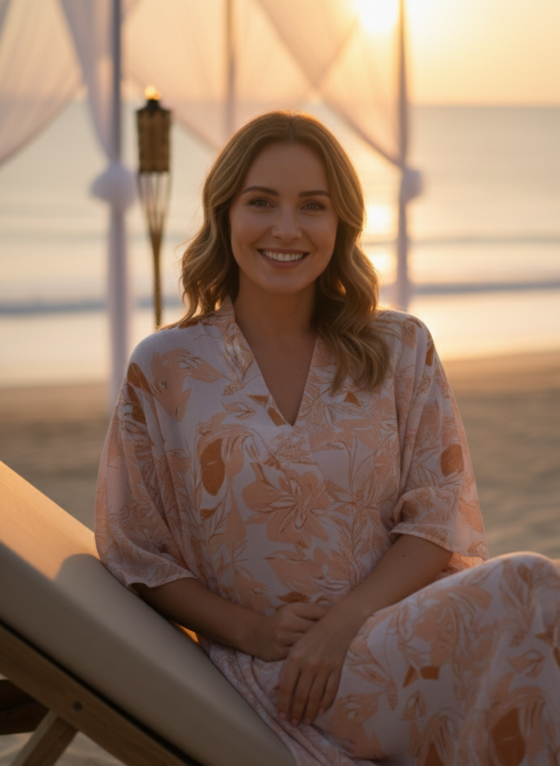 Front view of orange Hawaiian kaftan with relaxed fit and fluid silhouette Moon N Lotus