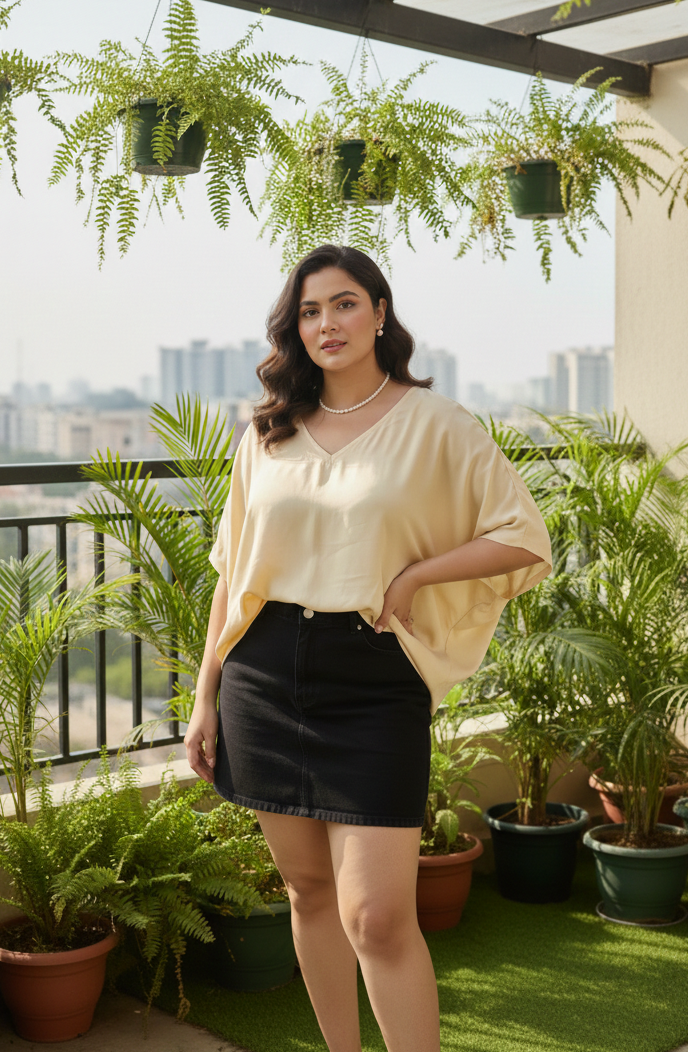 Gold kimono top styled for everyday and resort wear, minimal fashion look
