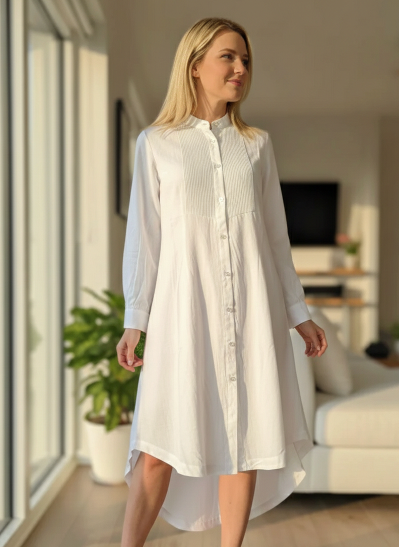 White kurta shirt dress styled for summer and everyday wear, breathable hemp fabric Moon N Lotus
