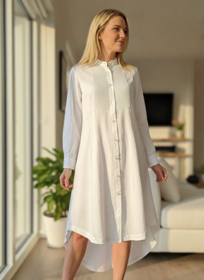 White kurta shirt dress styled for summer and everyday wear, breathable hemp fabric Moon N Lotus
