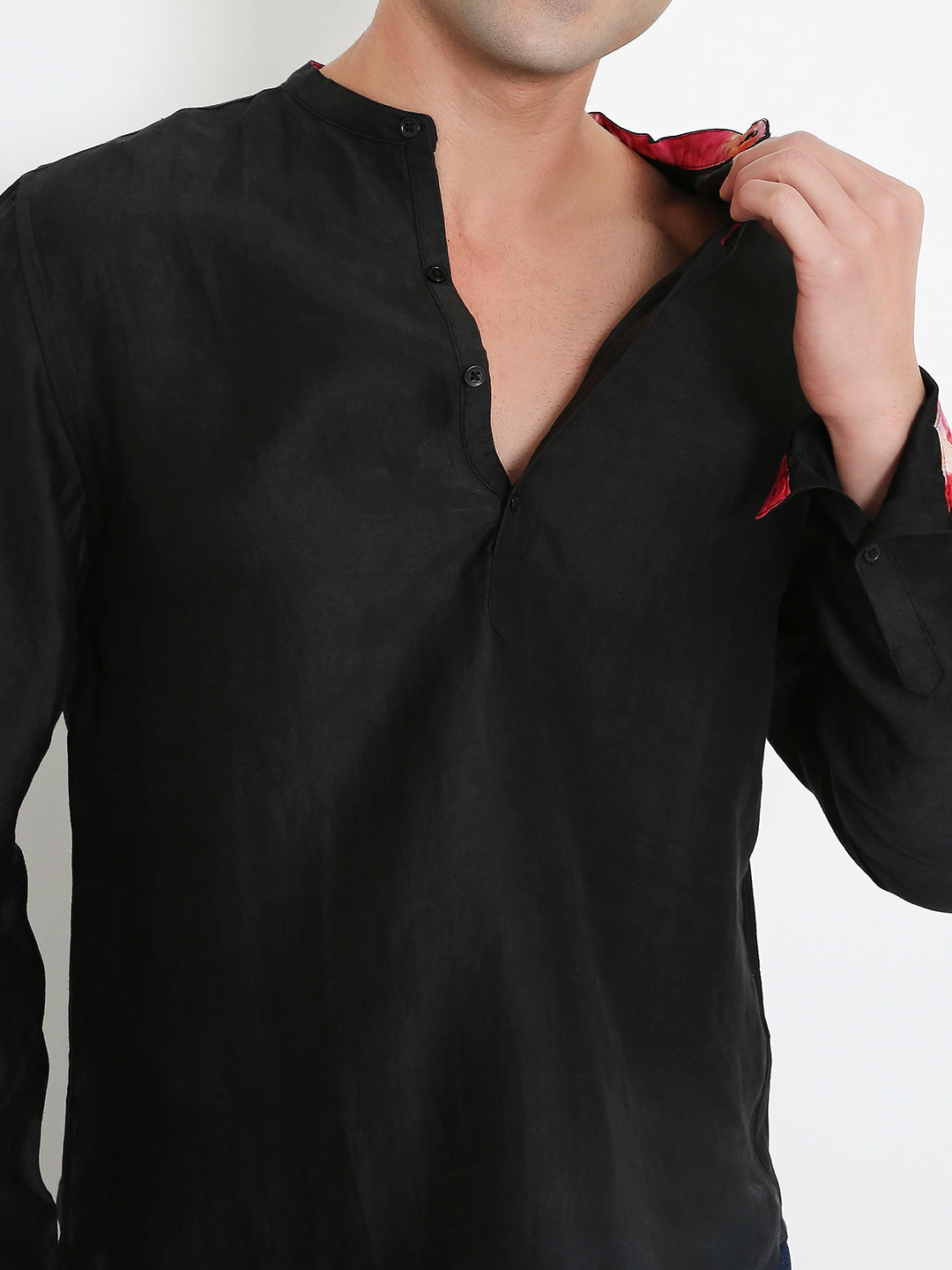 Close-up of black kurta shirt for men, minimal clean design bamboo fabric Moon N Lotus