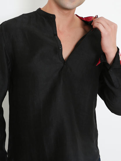 Close-up of black kurta shirt for men, minimal clean design bamboo fabric Moon N Lotus