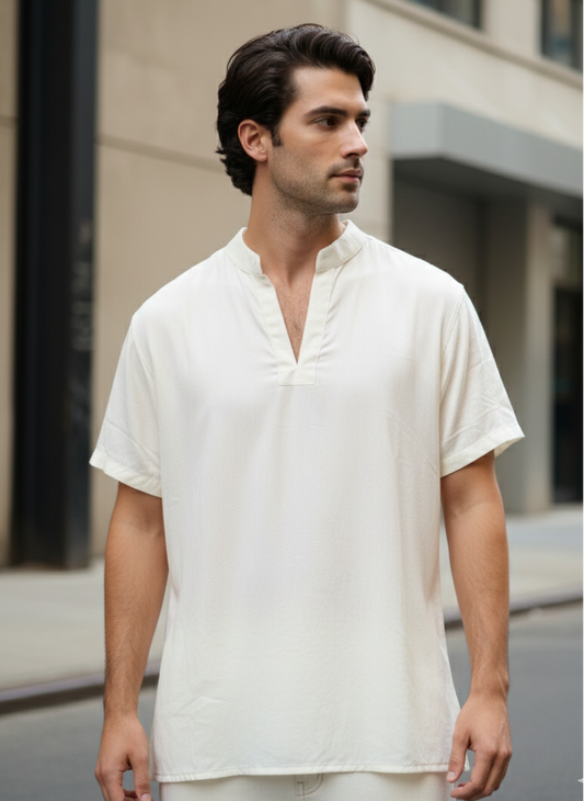 Close-up of white kurta style T-shirt, minimal modern fusion design Moon N Lotus