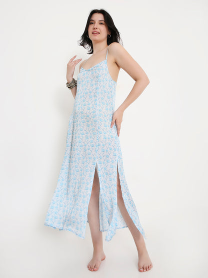 Back view of blue printed maxi dress, flowy relaxed fit summer wear Moon N Lotus