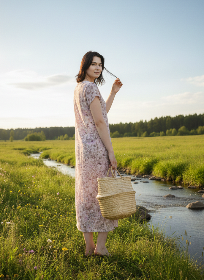 Back view of floral long dress in orange fabric with airy drape Moon N Lotus