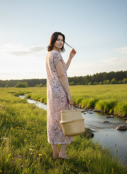 Back view of floral long dress in orange fabric with airy drape Moon N Lotus