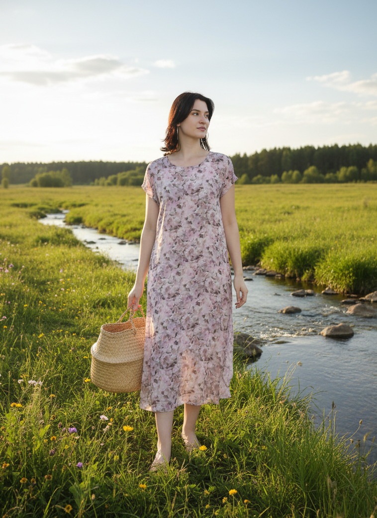 Front view of pink floral maxi dress with relaxed flowing silhouette Moon N Lotus