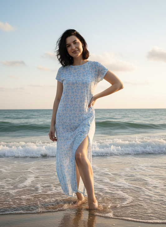 Front view of blue floral maxi dress with relaxed flowing silhouette Moon N Lotus