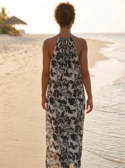 Back view of long Hawaiian dress, relaxed silhouette and flowy fit