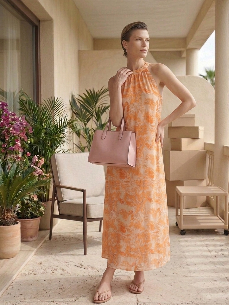 Long Hawaiian dress in orange and grey by Moon N Lotus, flowy breathable summer dress