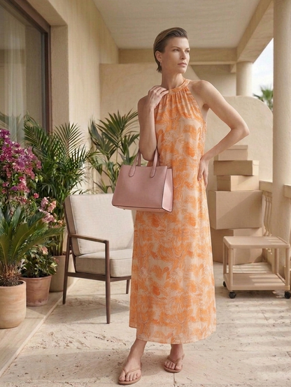 Long Hawaiian dress in orange and grey by Moon N Lotus, flowy breathable summer dress