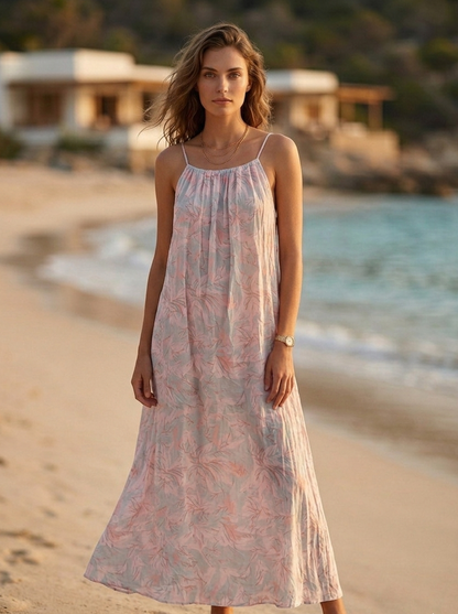 Long Hawaiian dress in orange fabric with pink and grey print, breathable summer dress by Moon N Lotus