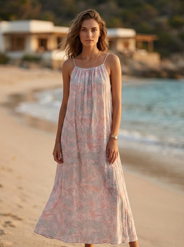 Long Hawaiian dress in orange fabric with pink and grey print, breathable summer dress by Moon N Lotus