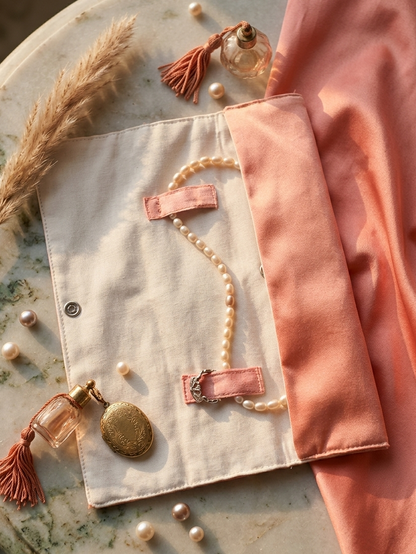 Long jewellery sleeve pouch in rose fabric by Moon N Lotus, soft compact storage solution