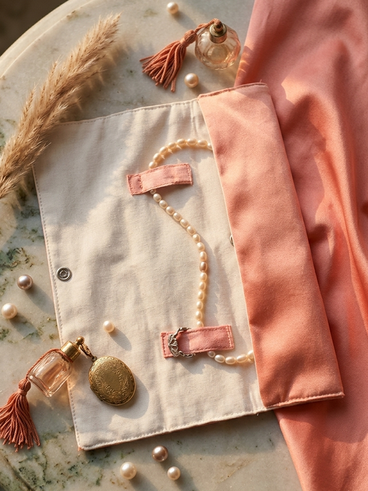 Long jewellery sleeve pouch in rose fabric by Moon N Lotus, soft compact storage solution