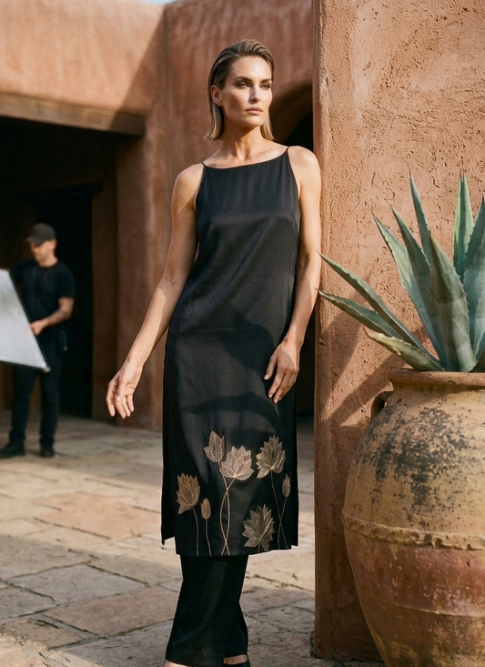 Close-up of loop detail in black rose fabric dress, minimal elegant design Moon N Lotus