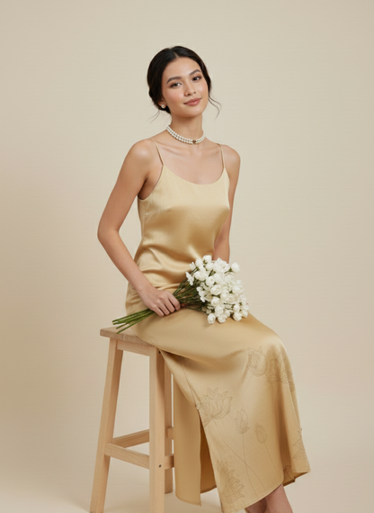 Close-up of loop detail in gold rose fabric dress, minimal elegant design