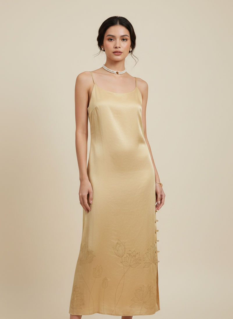 Gold loop dress styled for everyday and evening wear, minimal fashion look