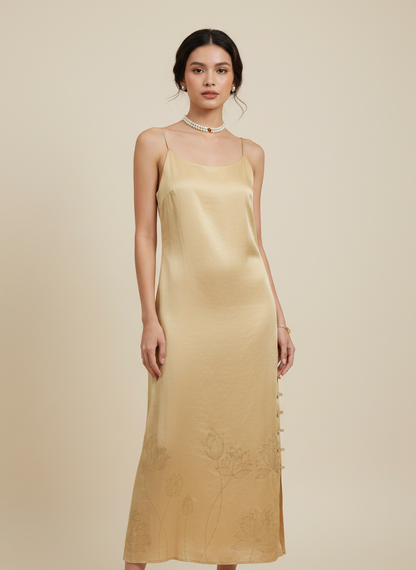 Gold loop dress styled for everyday and evening wear, minimal fashion look