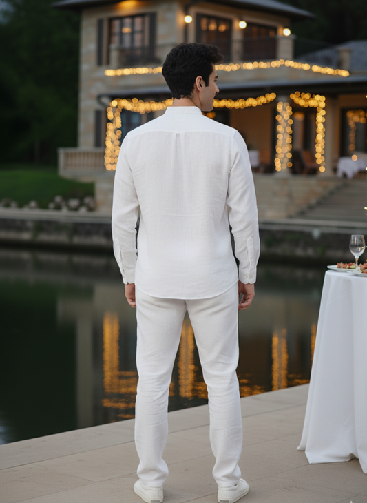 Close-up of mandarin collar on white hemp shirt, minimal premium design Moon N Lotus