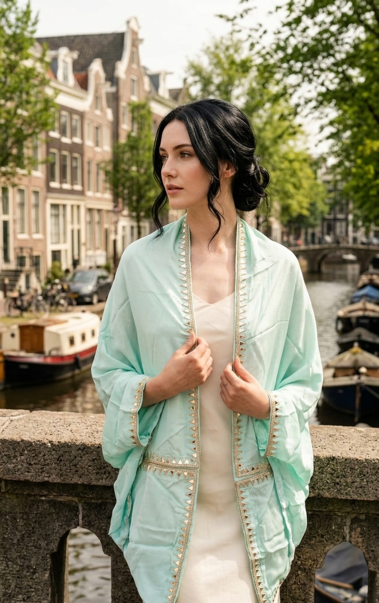 Mint embroidered shrug for women in rose fabric, lightweight breathable layering piece Moon N Lotus