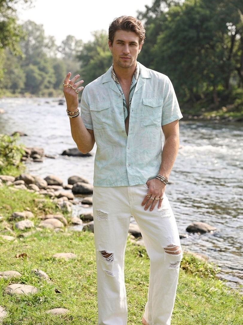 Mint Hawaiian shirt in rose fabric by Moon N Lotus, lightweight breathable summer shirt for men