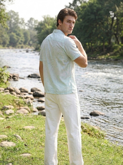 Back view of mint Hawaiian shirt, relaxed fit resort wear for men Moon N Lotus