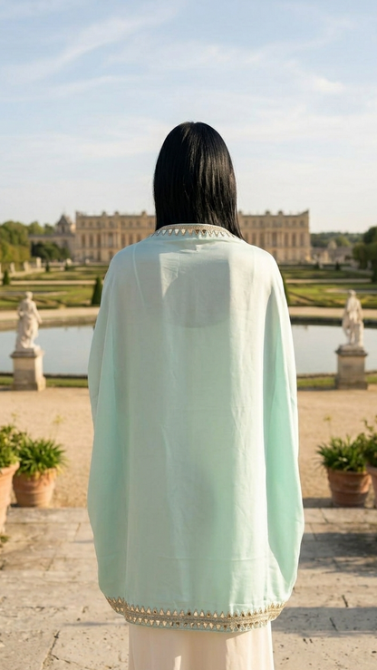 Back view of mint shrug, relaxed fit breathable rose fabric Moon N Lotus