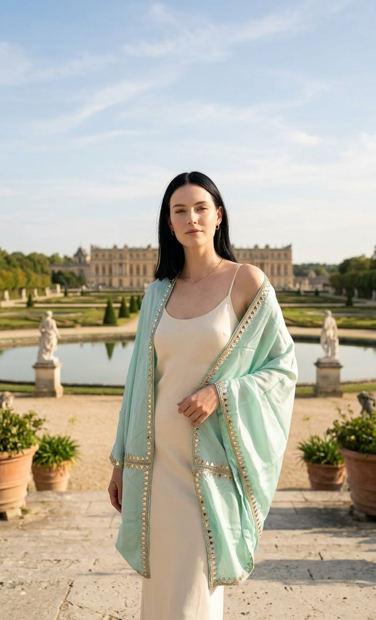 Mint embroidered shrug styled over outfit, minimal elegant layering look Moon N Lotus