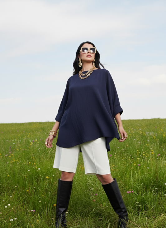 Navy asymmetrical top for women in corn fabric, lightweight breathable modern top Moon N Lotus