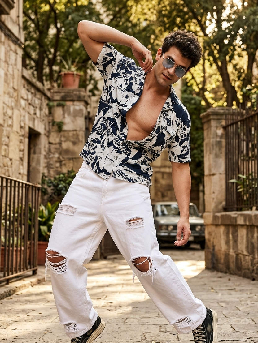 Navy Hawaiian shirt in rose fabric by Moon N Lotus, lightweight breathable summer shirt for men