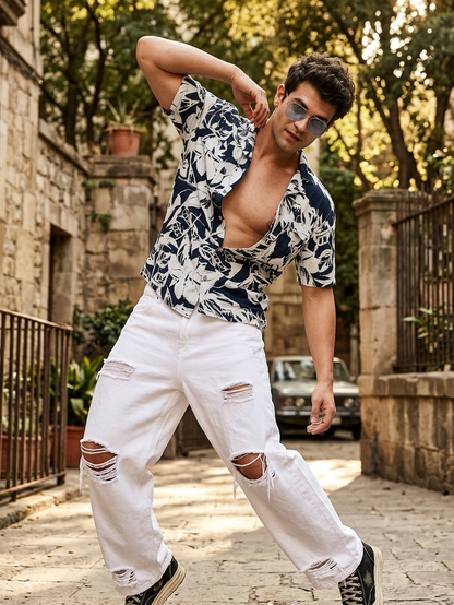 Navy Hawaiian shirt in rose fabric by Moon N Lotus, lightweight breathable summer shirt for men